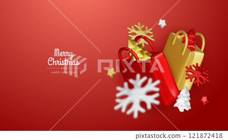 Christmas and New Year Sale. Red bright realistic 3d holiday object design, shopping bag, gift box. Promo sale, advertising banner, web poster. vector illustration 121872418