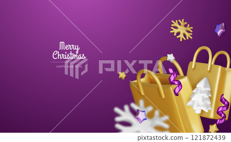 Christmas and New Year Sale. Bright realistic 3d holiday object design, shopping bag, gift box. Promo sale, advertising banner, web poster. vector illustration 121872439