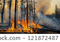 Devastating Wildfire Burning Trees and Vegetation in a Woodland Area 121872487