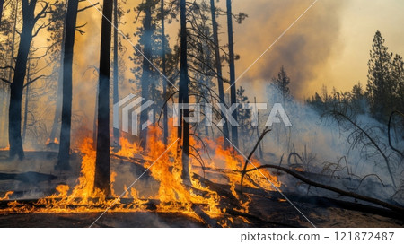 Devastating Wildfire Burning Trees and Vegetation in a Woodland Area 121872487