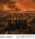Devastating Urban Fire Disaster with Dramatic Sunset 121872573