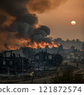 Devastating Urban Fire Disaster with Dramatic Sunset 121872574