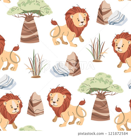 Seamless pattern with African animals. Cute childish texture with lion, baobab and grass. Vector illustration for children's wallpapers, backgrounds, fabric, etc. 121872584