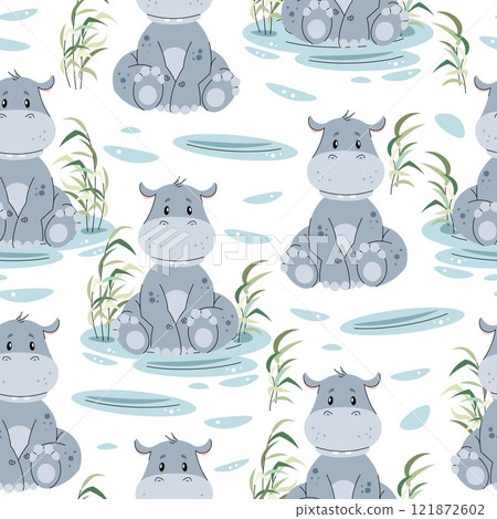 Seamless pattern with African animals. Cute children's texture with hippopotamus in a pond. Vector illustration for children's wallpapers, backgrounds, fabric, etc. 121872602