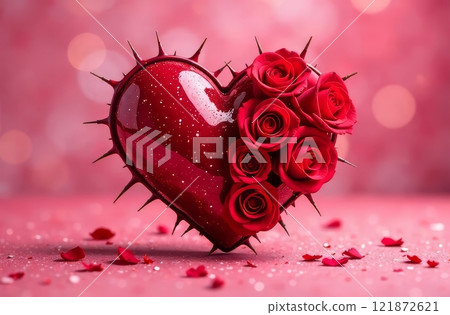 A red textured heart, one side of which consists of red rosebuds, the other side of the heart is covered with thorns in the center close-up on a pink background with red stones at the bottom. The 121872621