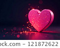 A pink voluminous textured heart stands on a dark surface on a dark background, golden sparkles and pink bokeh with space for text are visible. Concept for St. Valentine, Love. High quality photo 121872622