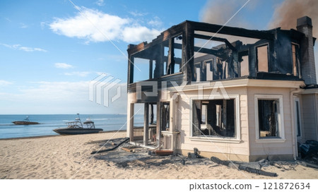 Post-Wildfire Scene of Burned Beachfront Properties and Scorched Landscape 121872634