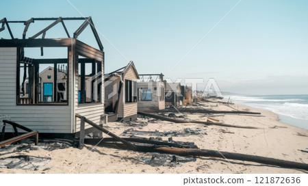Post-Wildfire Scene of Burned Beachfront Properties and Scorched Landscape 121872636