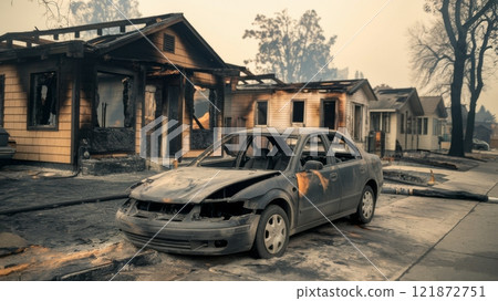Burnt car and destroyed houses in aftermath of devastating wildfire 121872751