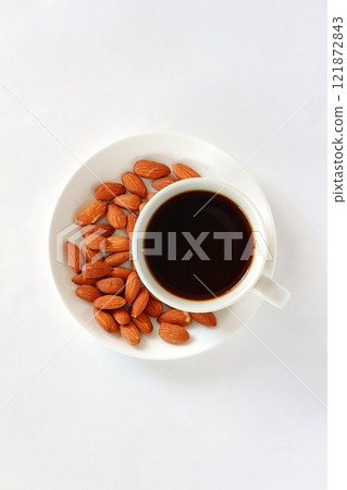 Coffee and almonds viewed from above 121872843