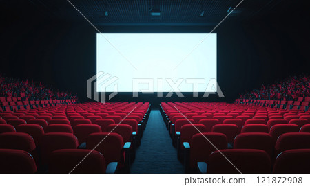 Empty cinema with red seats and large blank screen, creating anticipation 121872908