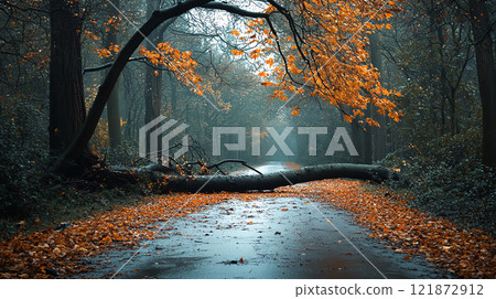 Fallen tree blocking road in misty forest with autumn leaves Fallen tree blocking road in misty forest with autumn leaves 121872912