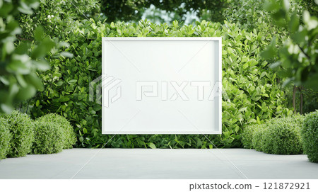 Minimalist blank screen on digital billboard surrounded by greenery 121872921