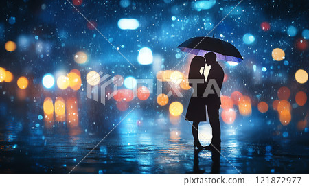 couple kisses under umbrella in rain, surrounded by city lights couple kisses under umbrella in rain, surrounded by city lights 121872977