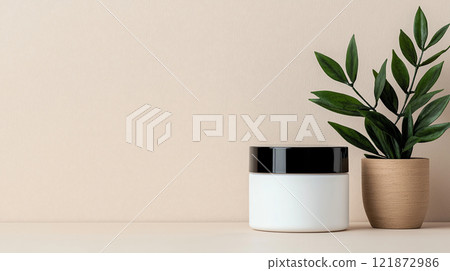 Minimalist design with white jar and green plant on beige background Minimalist design with white jar and green plant on beige background 121872986