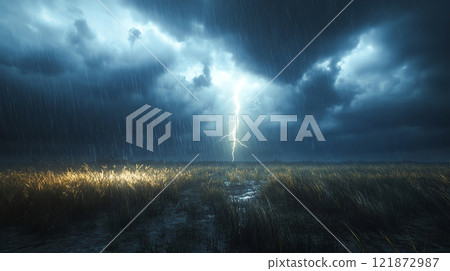 dramatic thunderstorm over open plains with striking lightning and rain 121872987
