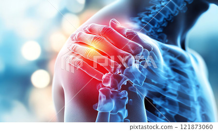 close up of skeletal shoulder with highlighted pain, illustrating discomfort 121873060