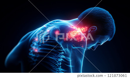 close up of human shoulder with highlighted pain areas, illustrating discomfort 121873061