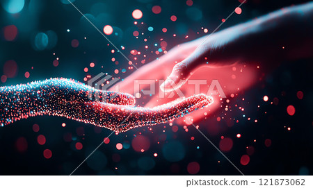human hand reaching out to glowing robotic hand, symbolizing connection 121873062