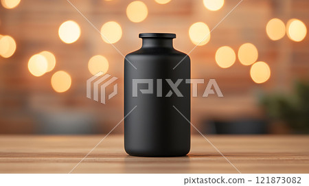 sleek black bottle on wooden table with blurred lights in background sleek black bottle on wooden table with blurred lights in background 121873082