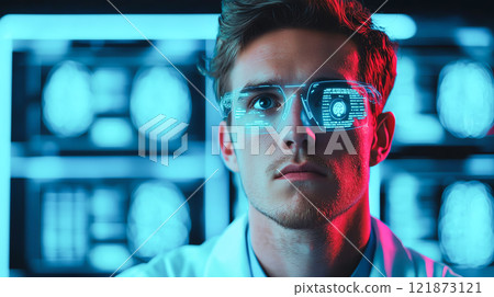 Innovative scientist using augmented reality glasses in lab setting 121873121
