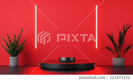 modern studio setup featuring rotating platform against red wall modern studio setup featuring rotating platform against red wall 121873122