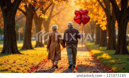 An Elderly Couple Embracing Love in Autumn Holding a HeartShaped Valentine's Balloon 121873185
