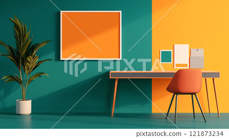modern workspace featuring colorful desk, chair, and wall decor modern workspace featuring colorful desk, chair, and wall decor 121873234