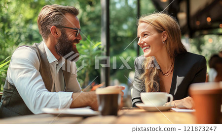 Business meeting between man and woman, discussing ideas happily 121873247