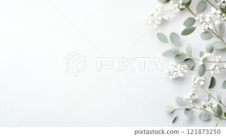 Fresh eucalyptus leaves and white flowers on light background Fresh eucalyptus leaves and white flowers on light background 121873250