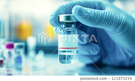 Handling glass vial with biohazard label in lab setting Handling glass vial with biohazard label in lab setting 121873259