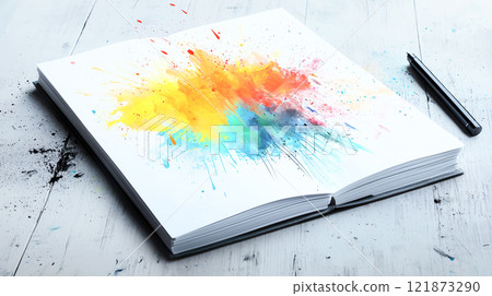 Colorful splash art in open sketchbook on wooden table 121873290