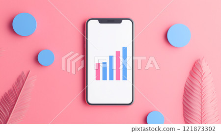 Modern smartphone displaying growth chart on pink background 121873302