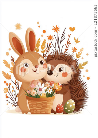 Bunny and hedgehog happily work together in a colorful garden, planting flowers and celebrating nature's beauty. 121873663