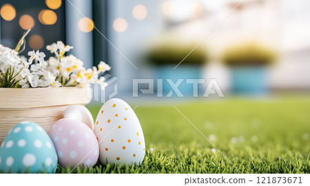 Decorated eggs sit next to a basket of flowers, capturing the joy of Easter festivities on a bright morning. 121873671