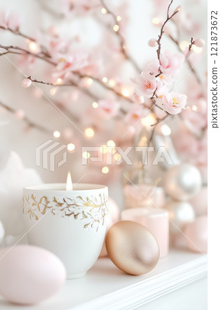 Delicate cherry blossoms and twinkling lights create a tranquil spring ambiance, complemented by styled decorations. 121873672