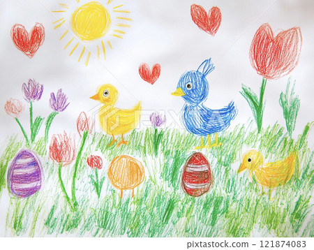 Easter scenery drawn with crayons AI image 121874083