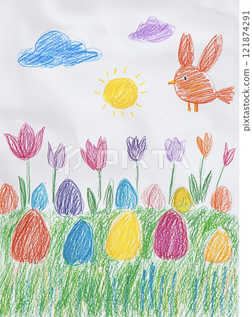Easter scenery drawn with crayons AI image 121874291