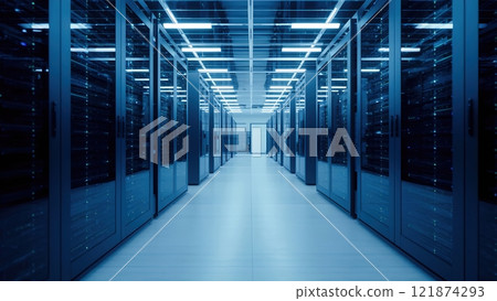 High-tech data center with rows of servers illuminated by blue lights High-tech data center with rows of servers illuminated by blue lights 121874293