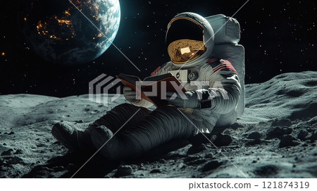 Astronaut reading a book on the moon surface with Earth in the background. Generative AI 121874319