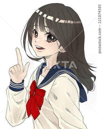 一個穿著水手服的女孩用手指指著 一個穿著水手服的女孩用手指指著 121874385