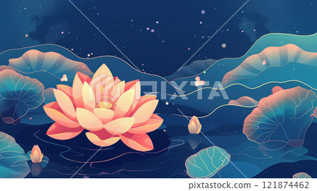 white lotos flower in pond, symbol of wesak day. 3d illustration 121874462