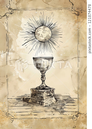 Ace of cups tarot card drawing in rustic inks 121874478