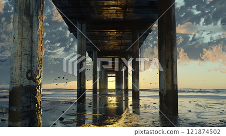 Oil painting of a beach backdrop 121874502