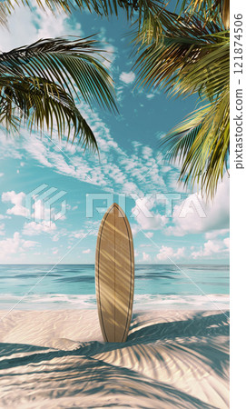 Surfboard on sandy tropical beach. Ocean waves at the background 121874506