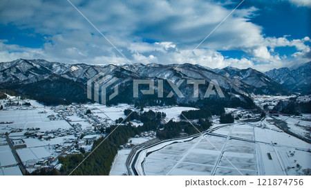 Aerial view of Aimoto Bridge over the Kurobe River 121874756