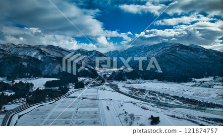 Aerial view of Aimoto Bridge over the Kurobe River 121874757
