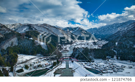 Aerial view of Aimoto Bridge over the Kurobe River Aerial view of Aimoto Bridge over the Kurobe River 121874766