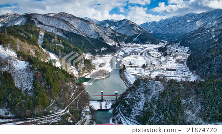 Aerial view of Aimoto Bridge over the Kurobe River Aerial view of Aimoto Bridge over the Kurobe River 121874770