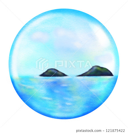 Ocean nature round background illustration, sea and mountain circle frame crayon drawing Ocean nature round background illustration, sea and mountain circle frame crayon drawing 121875422